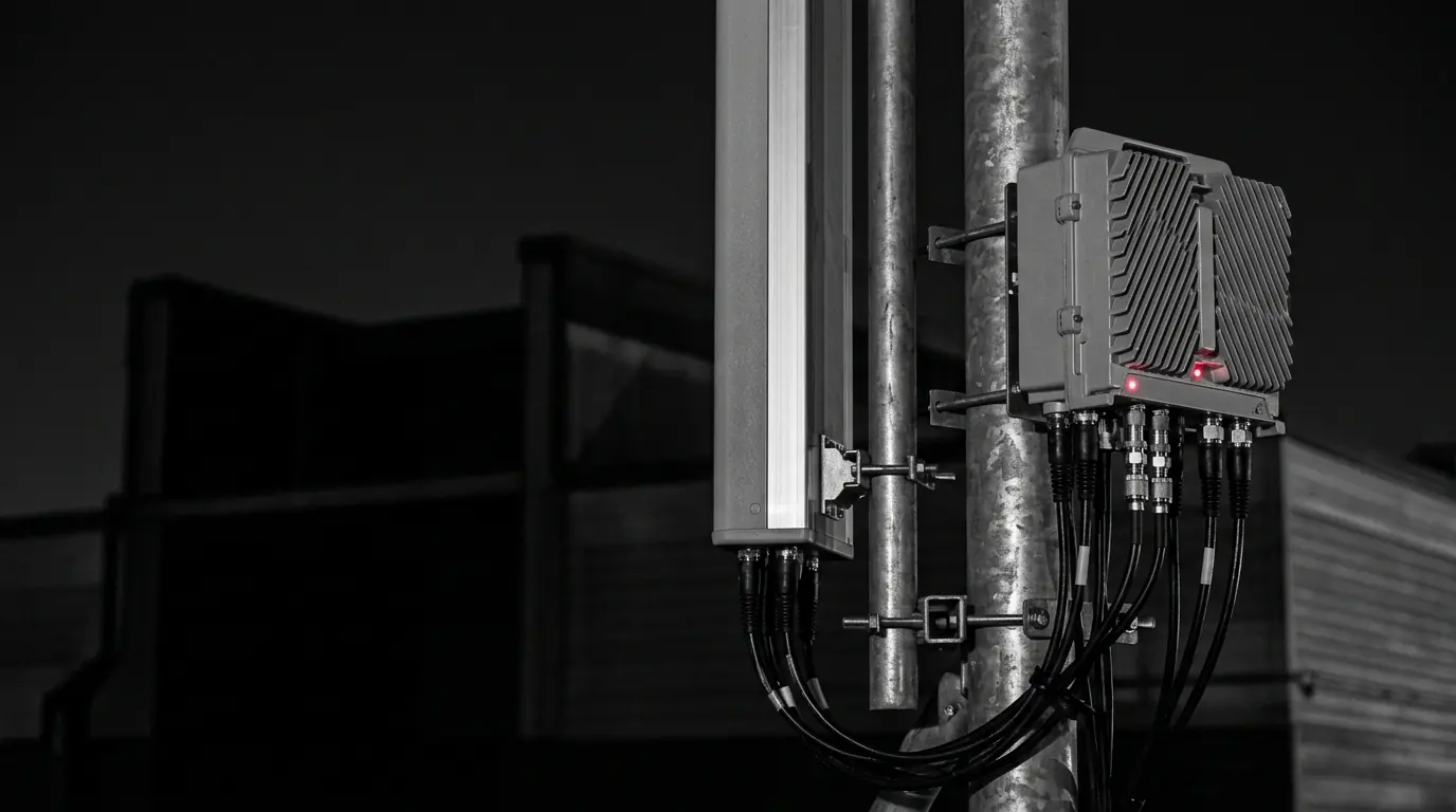 A radio unit on a rooftop mast at night, one red status light